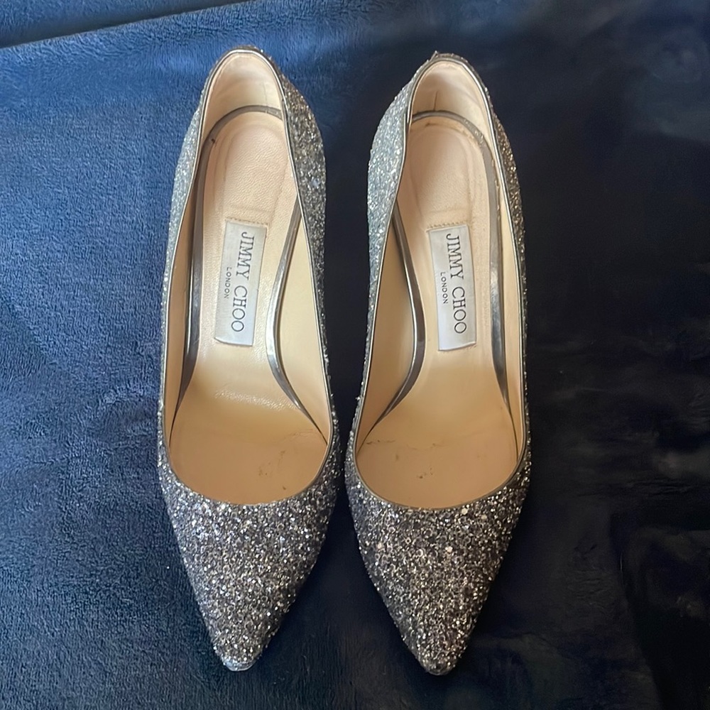 Jimmy Choo Coarse Glitter Degrade Pointy Toe Romy 100 Pumps 36.5 Navy Silver